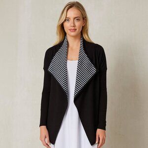 St. John Wool Striped Open Front Cardigan Sweater Long Sleeve Black Tunic Sz S/P